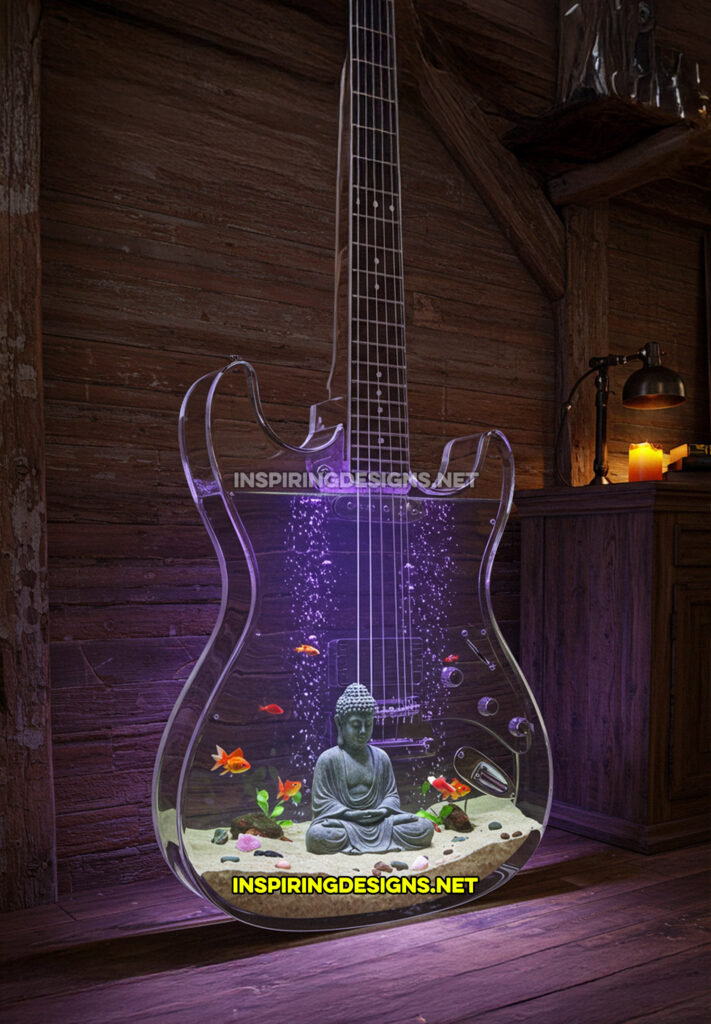 guitar aquarium in a purple design with a Buddha statue