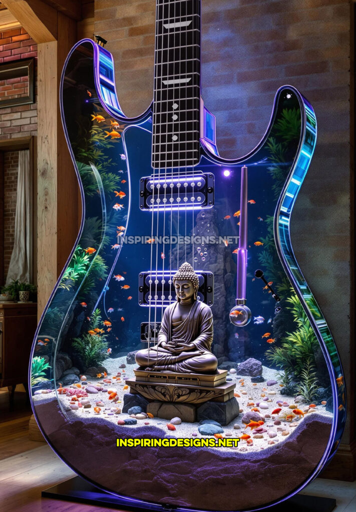 guitar aquarium in a purple design with a Buddha statue