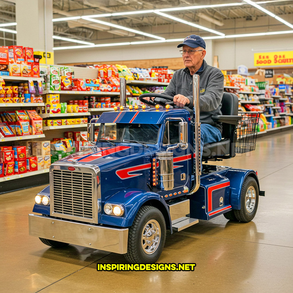 semi-truck shaped mobility scooter in a blue with red striping design