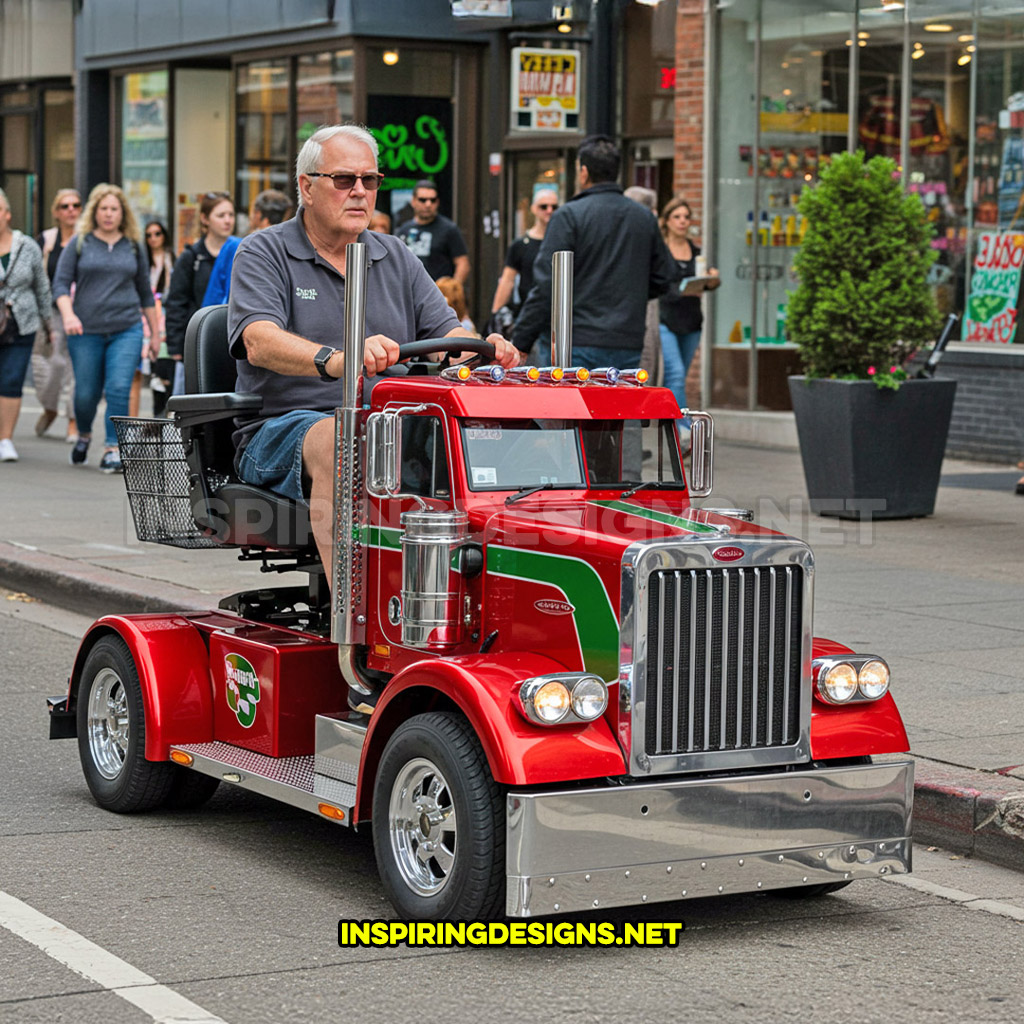 semi-truck shaped mobility scooter in a red with green striping design