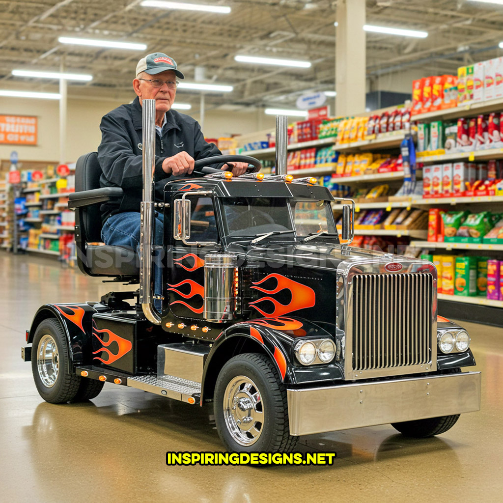 semi-truck shaped mobility scooter in a black with red flames design