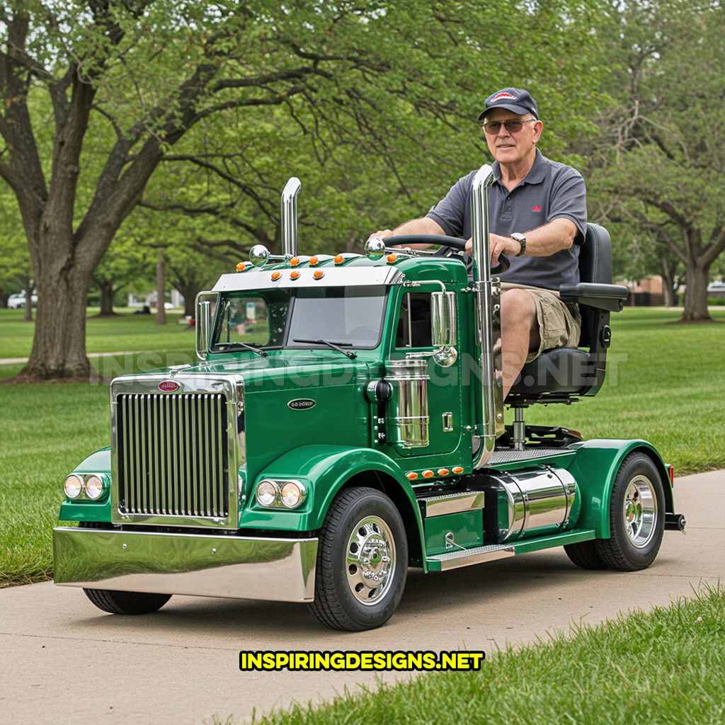 semi-truck shaped mobility scooter in a green with chrome design