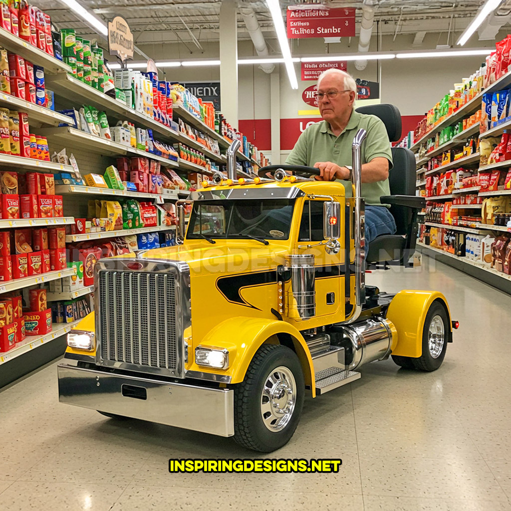 semi-truck shaped mobility scooter in a yellow with chrome design