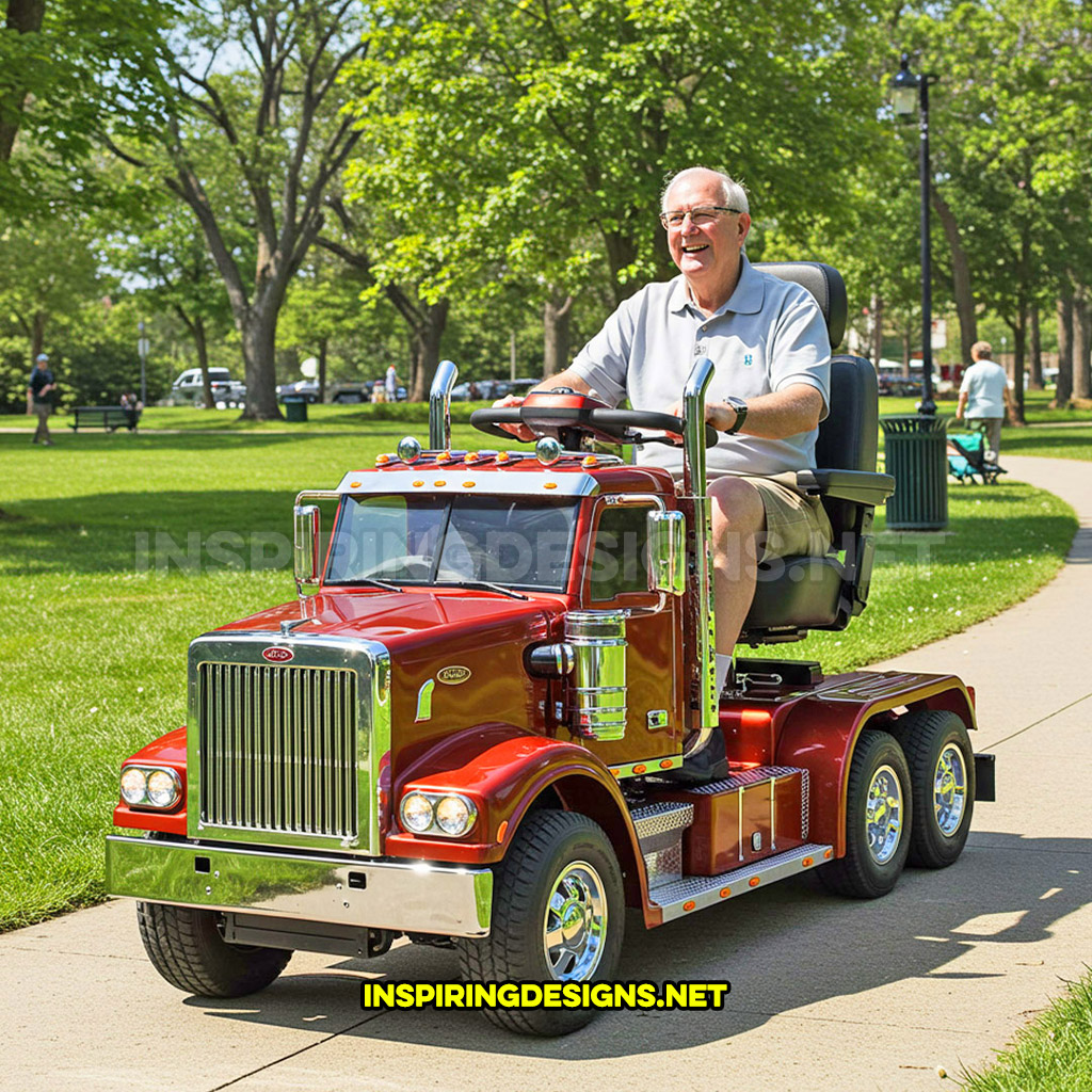 semi-truck shaped mobility scooter in a red with chrome design