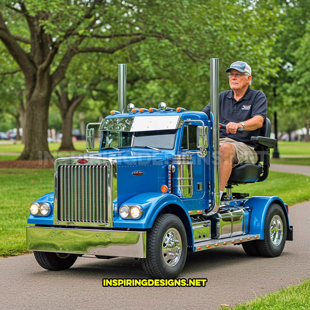 semi-truck shaped mobility scooter in a blue with chrome design