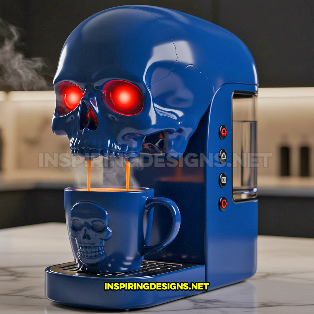 skull coffee maker in a blue color palette