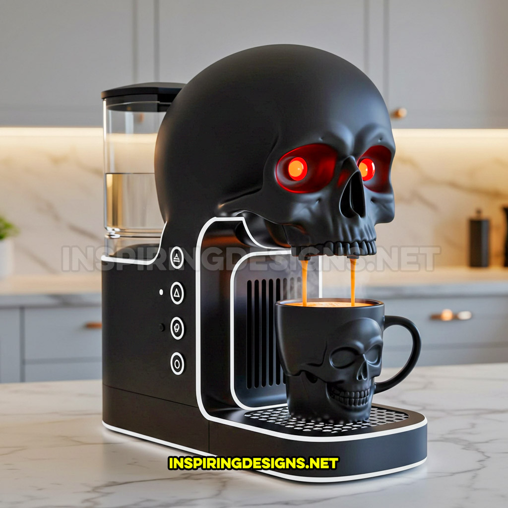 skull coffee maker in a black with white accents color palette