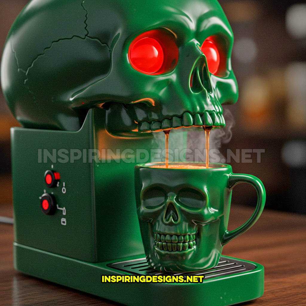 skull coffee maker in a green color palette