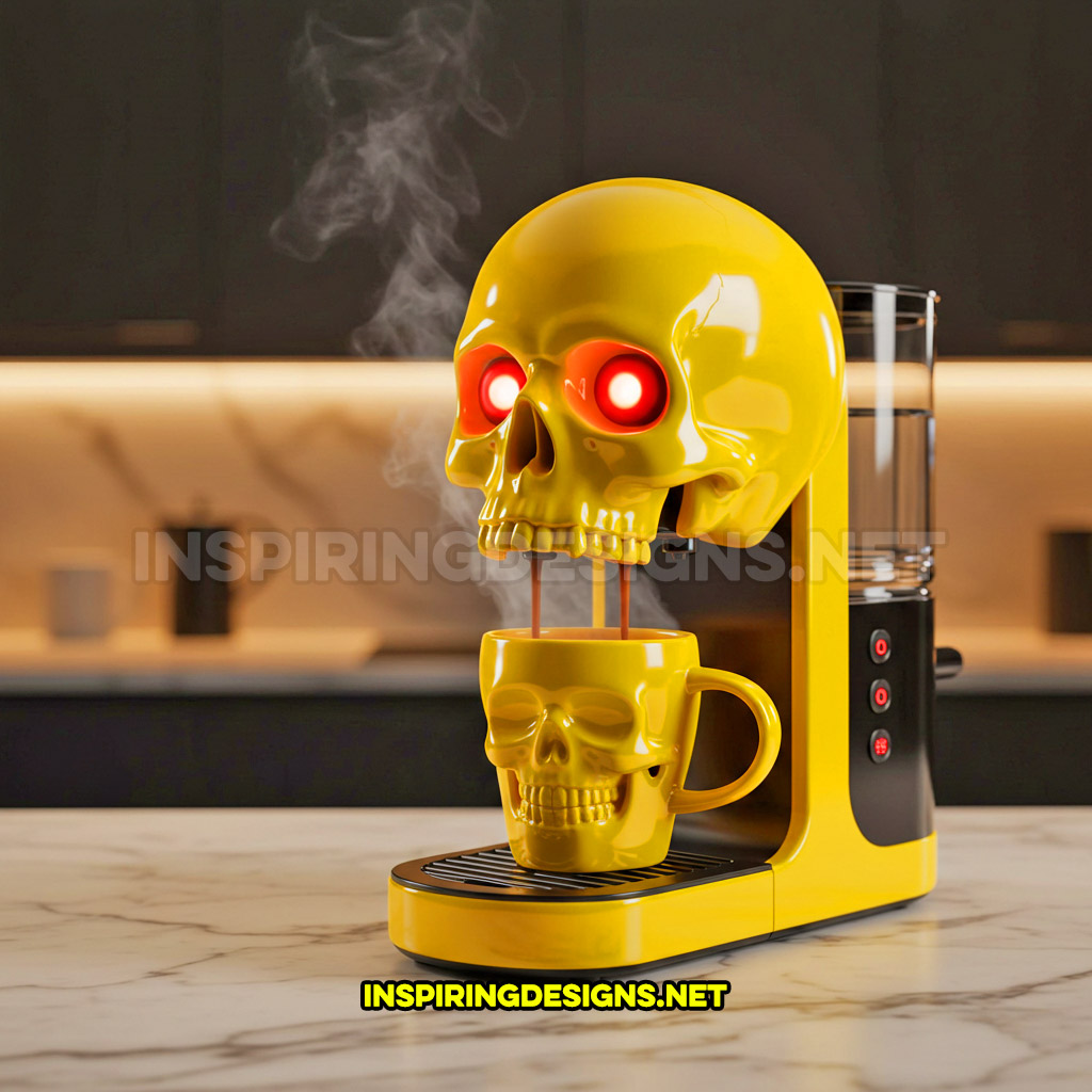 skull coffee maker in a yellow and black color palette