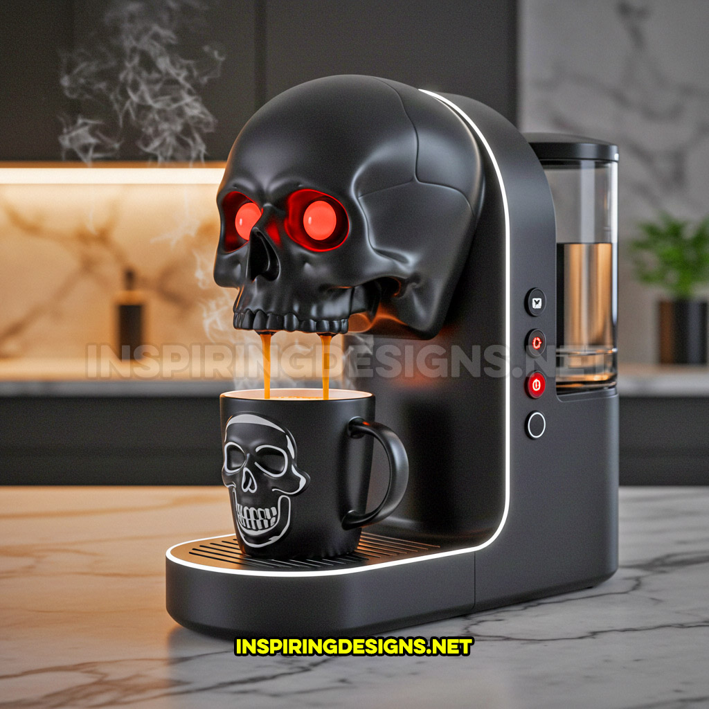 skull coffee maker in a black with white accents color palette