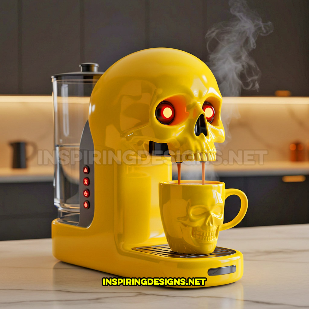 skull coffee maker in a yellow color palette