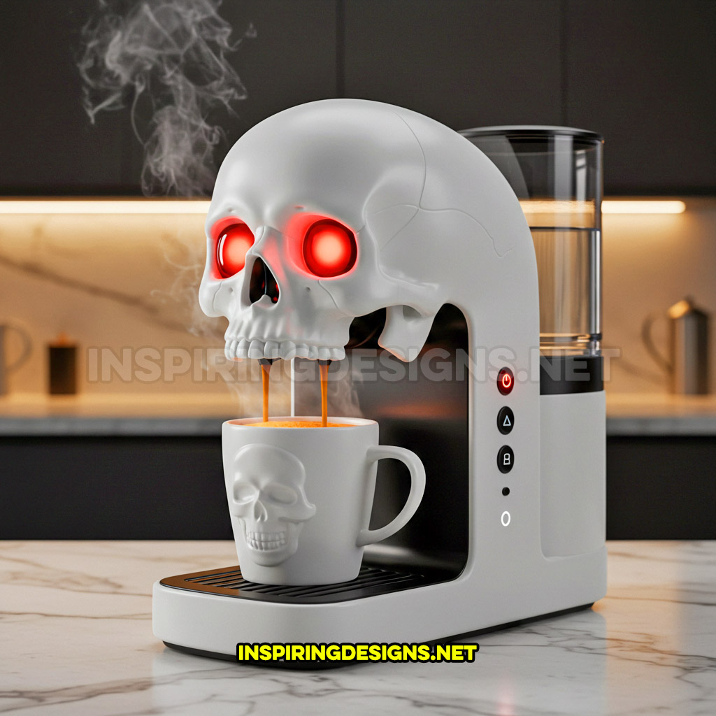 skull coffee maker in a white color palette