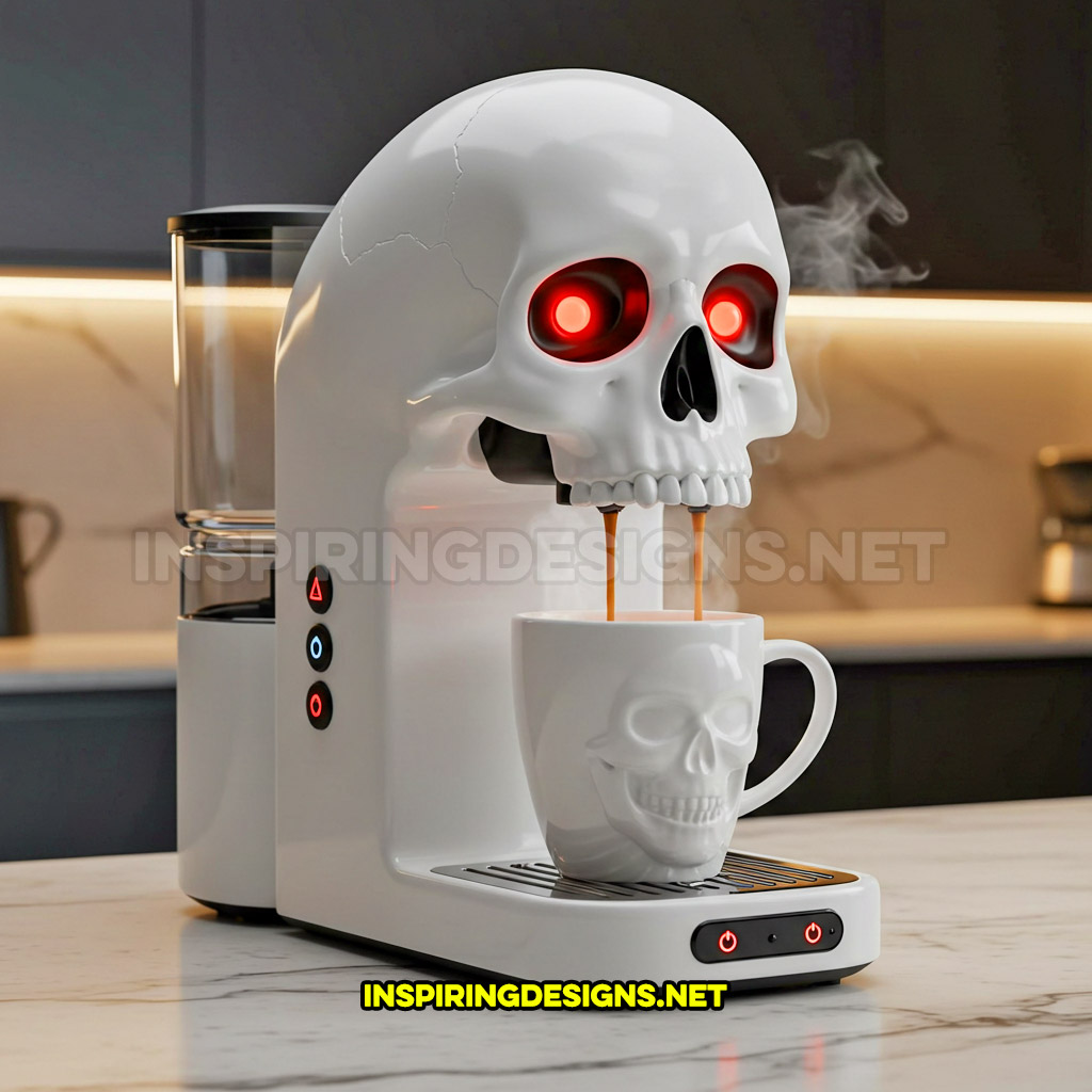 skull coffee maker in a white color palette