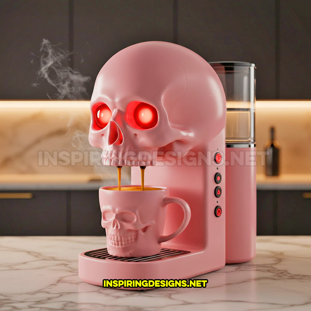 skull coffee maker in a pink color palette