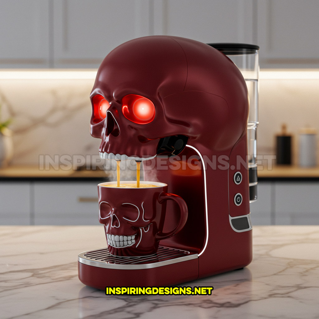 skull coffee maker in a red with white accents color palette