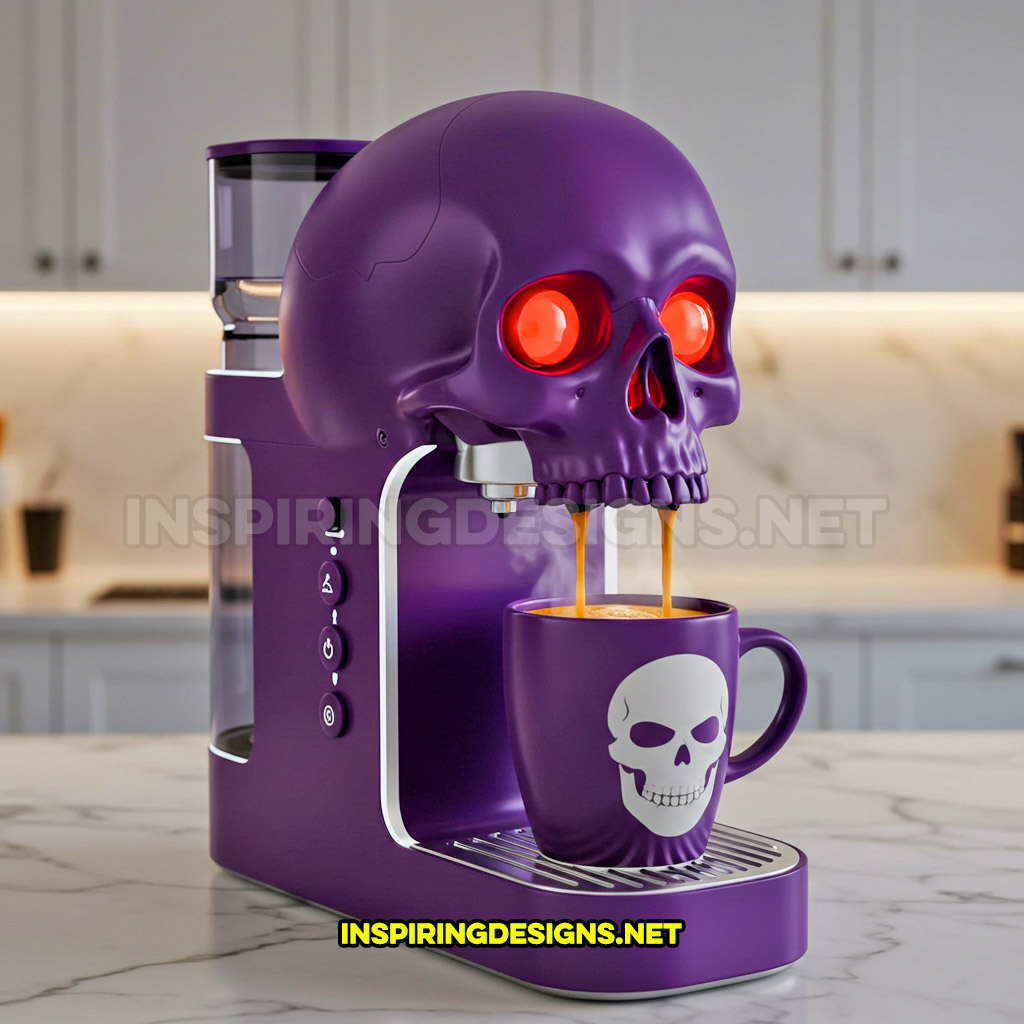 skull coffee maker in a purple with white accents color palette