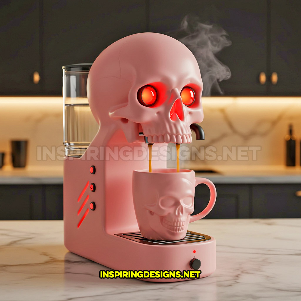 skull coffee maker in a pink color palette