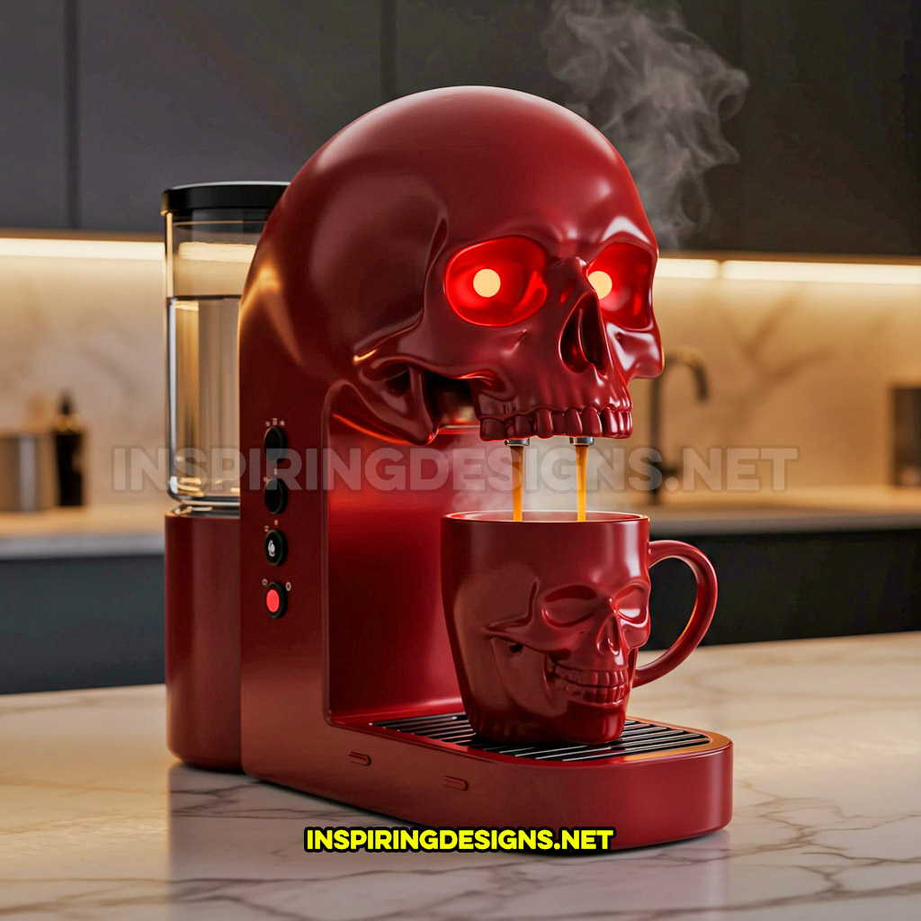 skull coffee maker in a dark red color palette