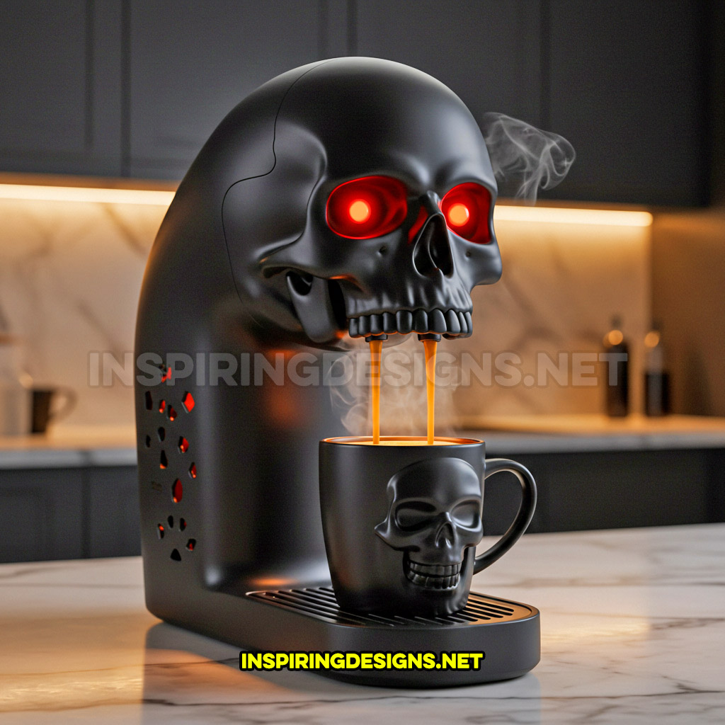 skull coffee maker in an all black color palette