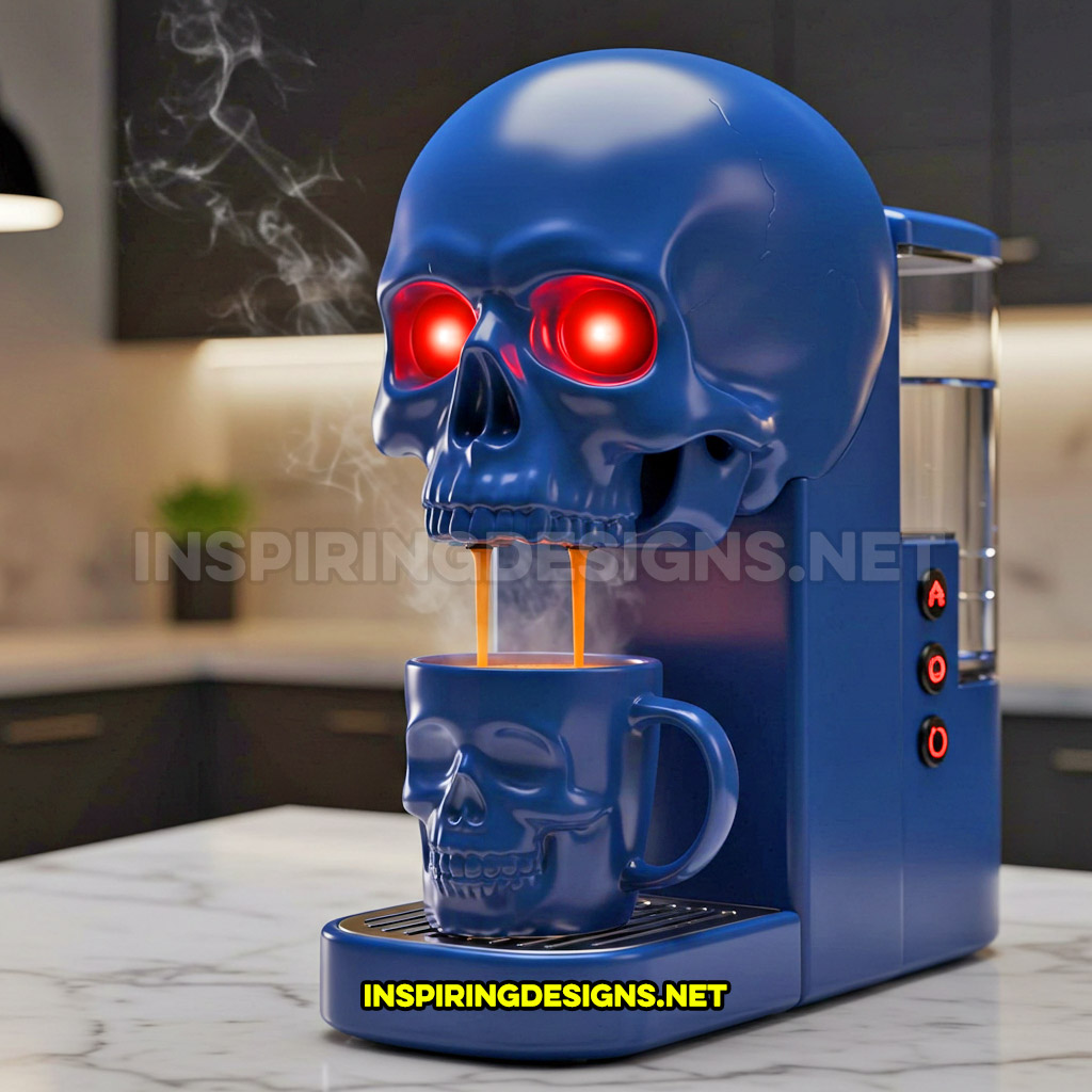 skull coffee maker in a dark blue color palette