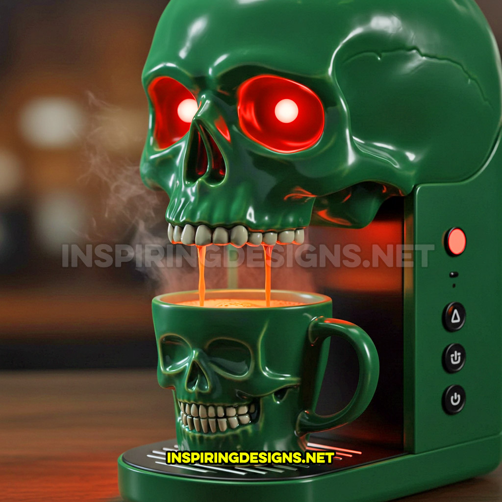 closeup shot of a skull coffee maker in a green color palette