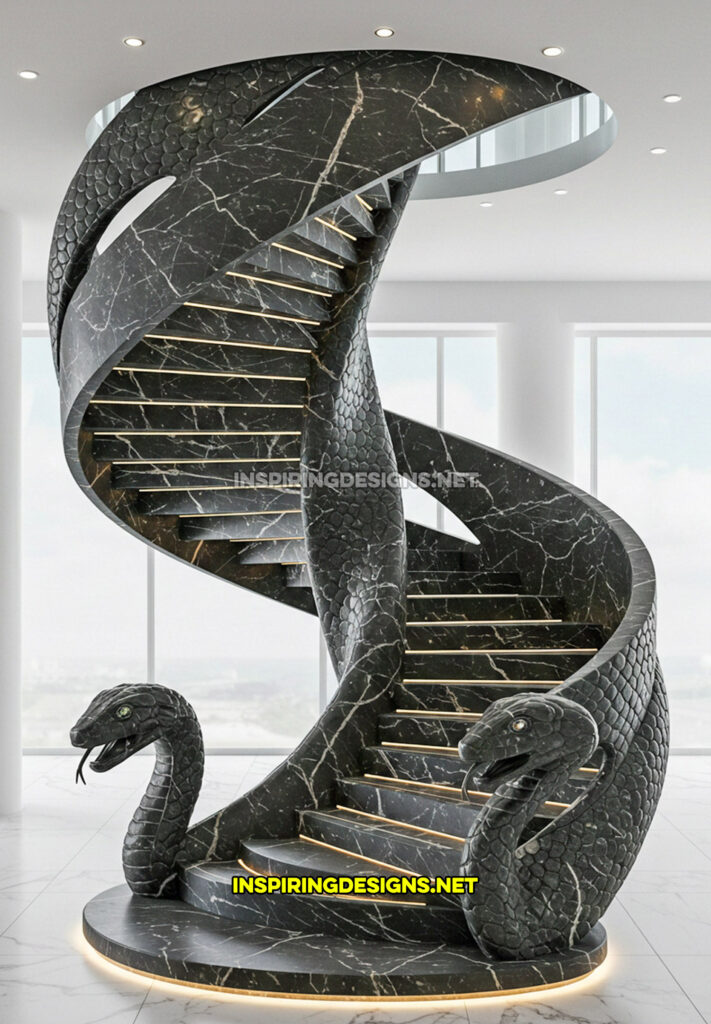 double-headed snake staircase in a black and white marble design