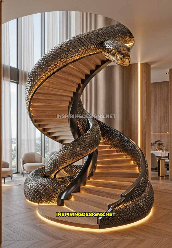 snake staircase in a black and silver marble and wood design