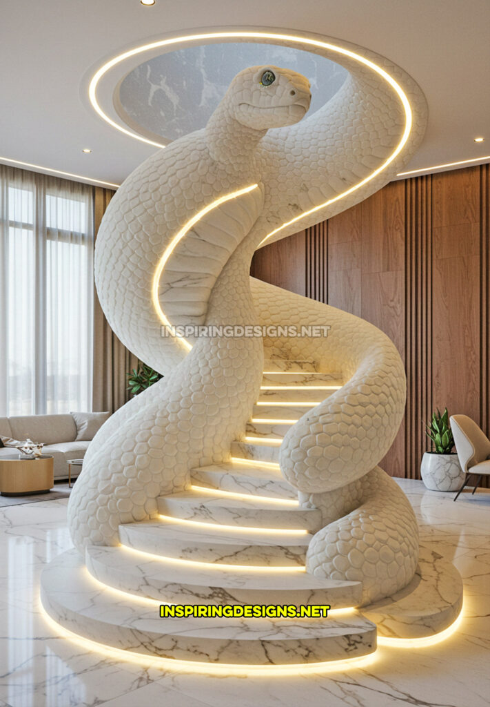 snake staircase in a white and black marble design