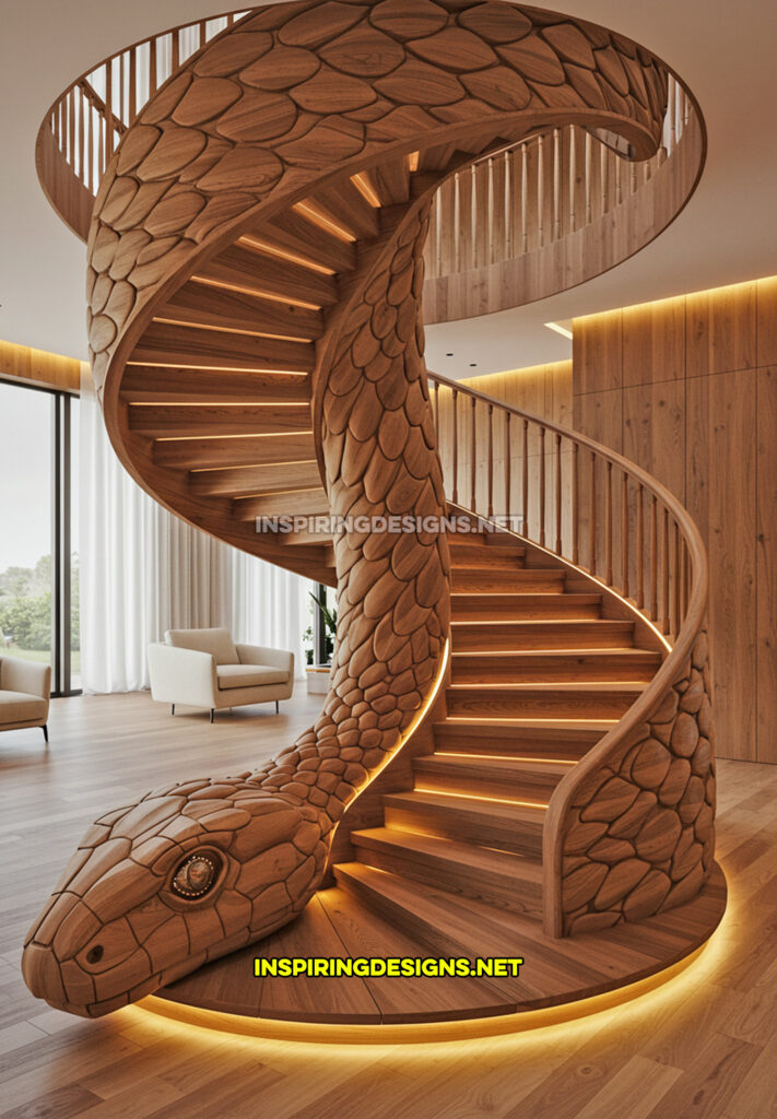 snake staircase in a brown wood design