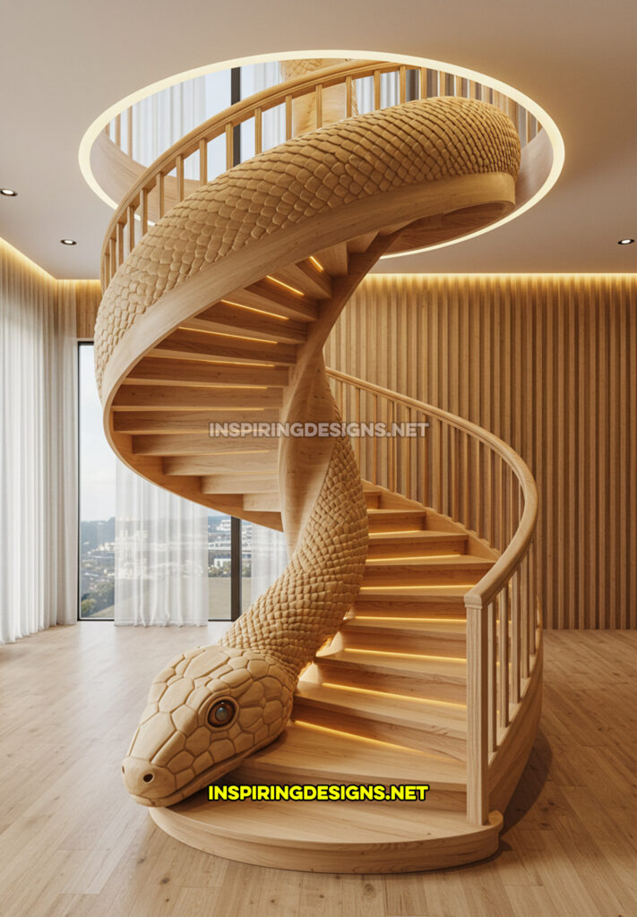 snake staircase in a brown wood design