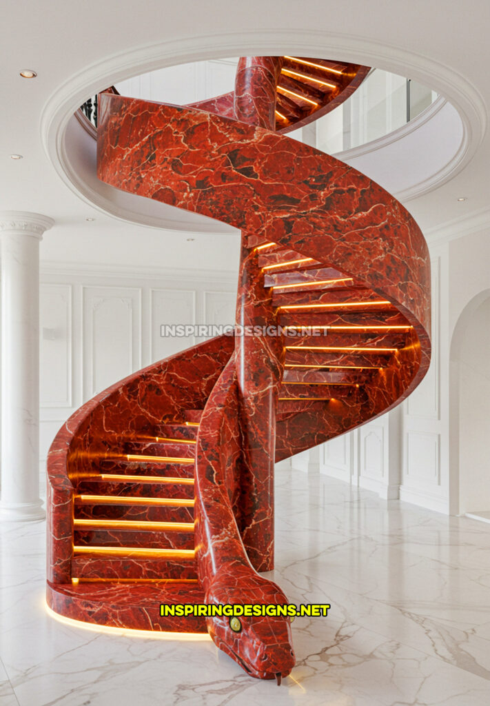 snake staircase in a red and black marble design