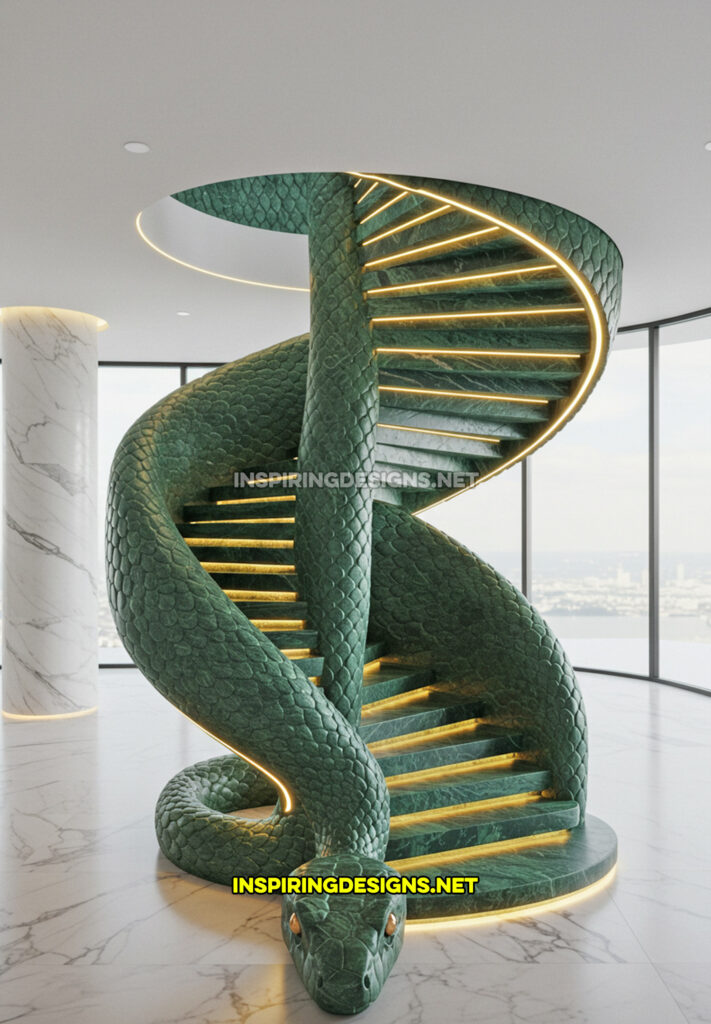 snake staircase in a green and black marble design