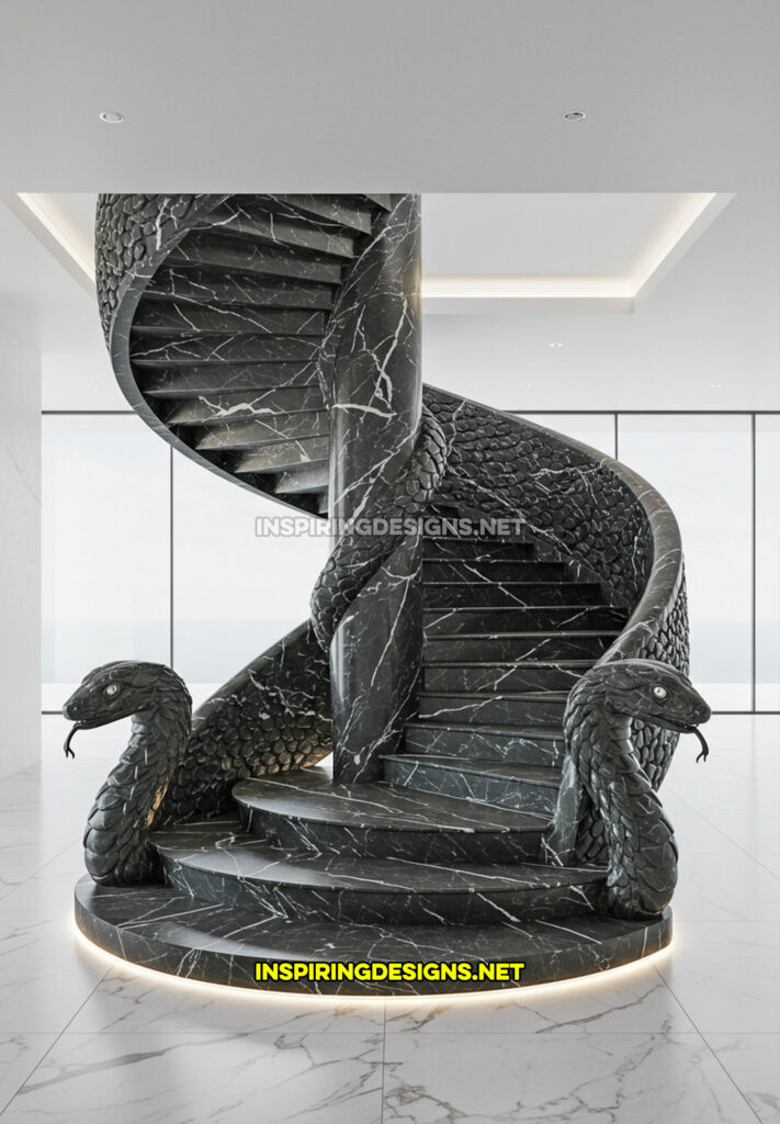 double-headed snake staircase in a black and white marble design