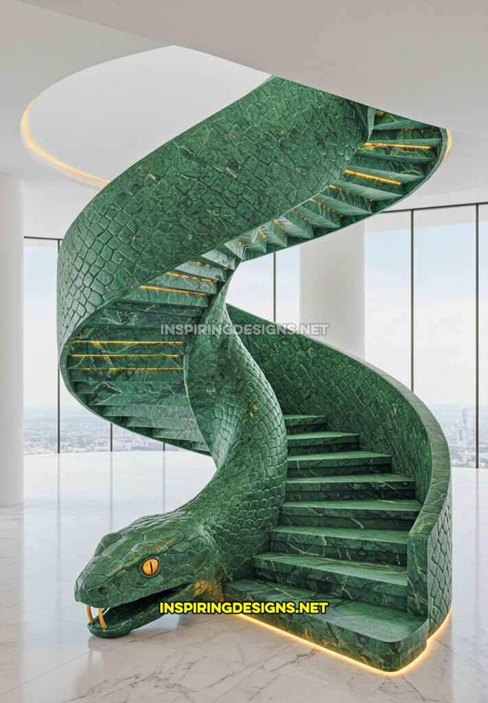 snake staircase in a green and black marble design