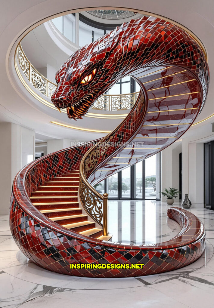 snake staircase in a red and black tile design