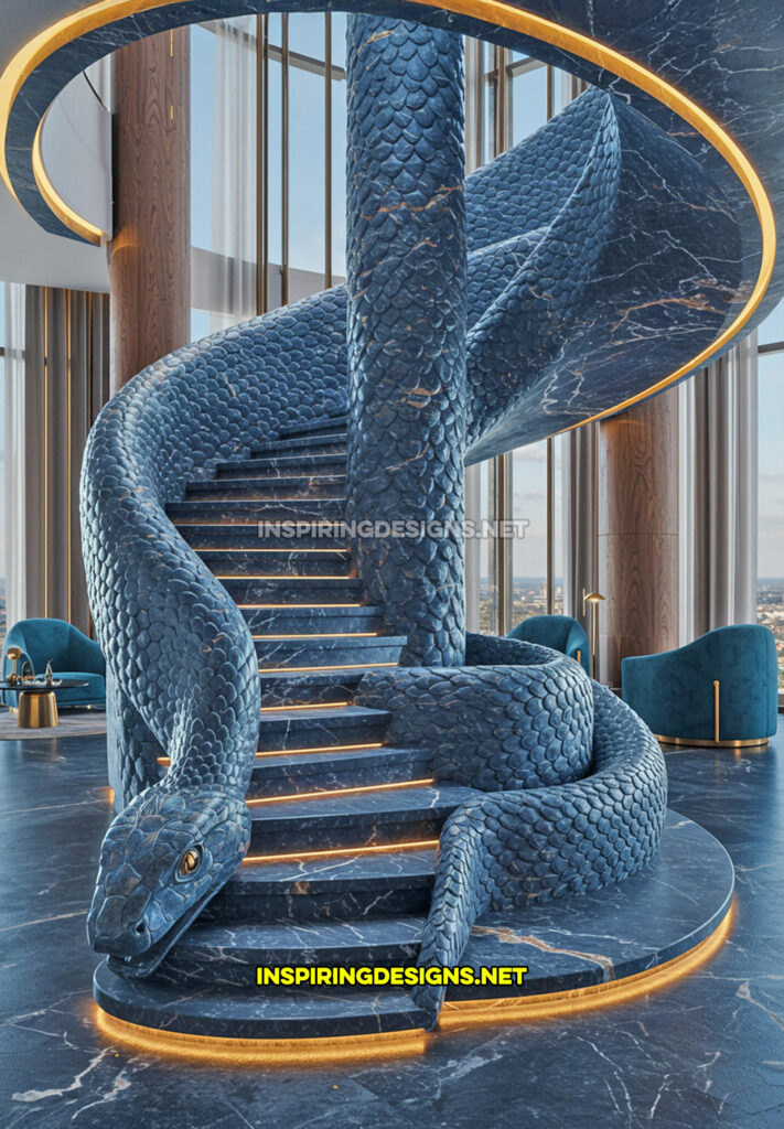 snake staircase in a blue and white marble design