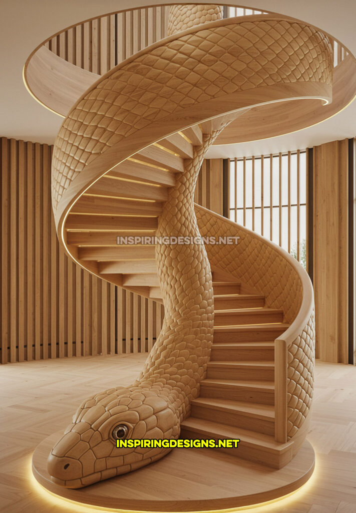 snake staircase in a brown wood design