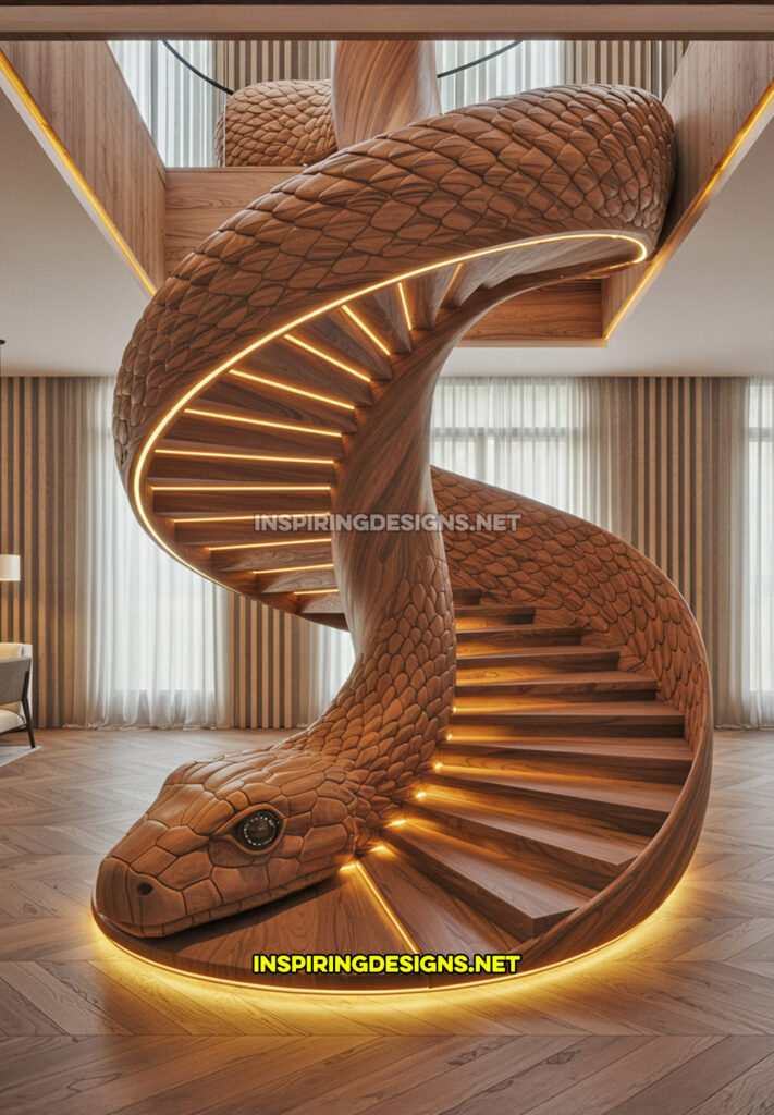 snake staircase in a brown wood design