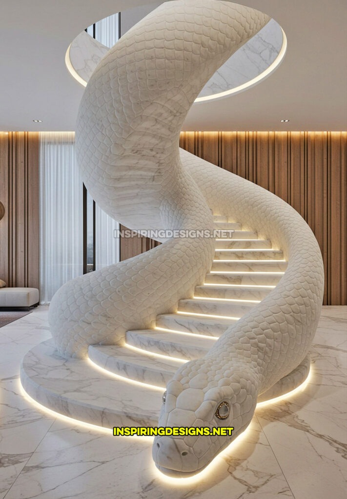 snake staircase in a white and black marble design