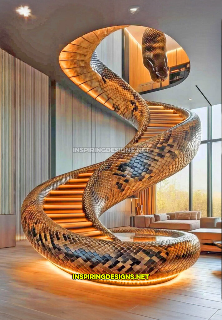 snake staircase in a black and silver marble design