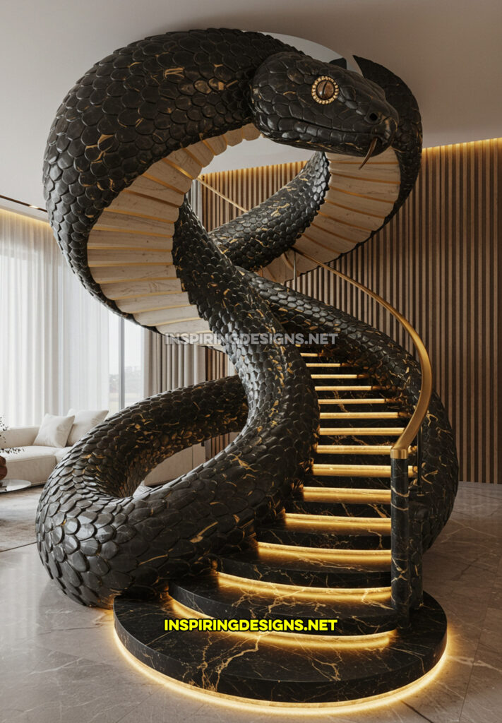 snake staircase in a black and silver marble design