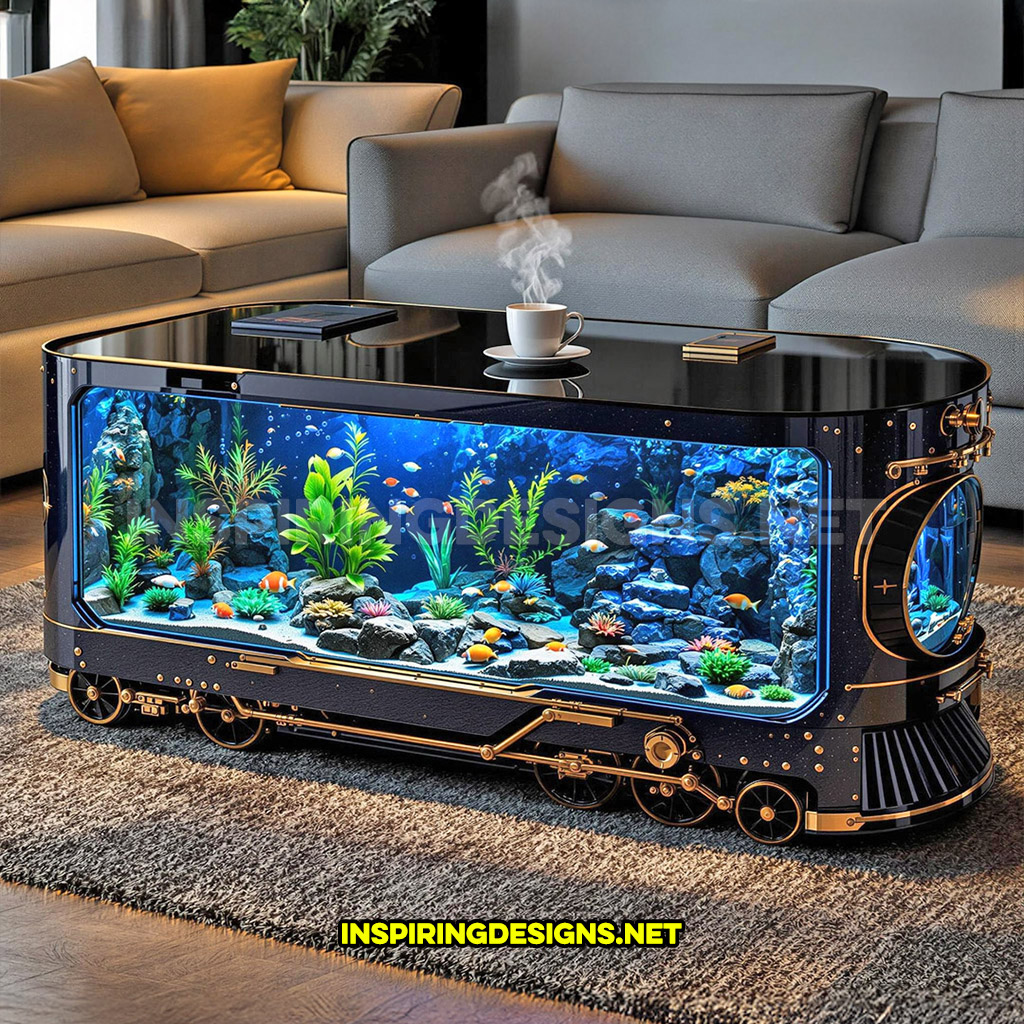 train aquarium coffee table in a black and gold color palette