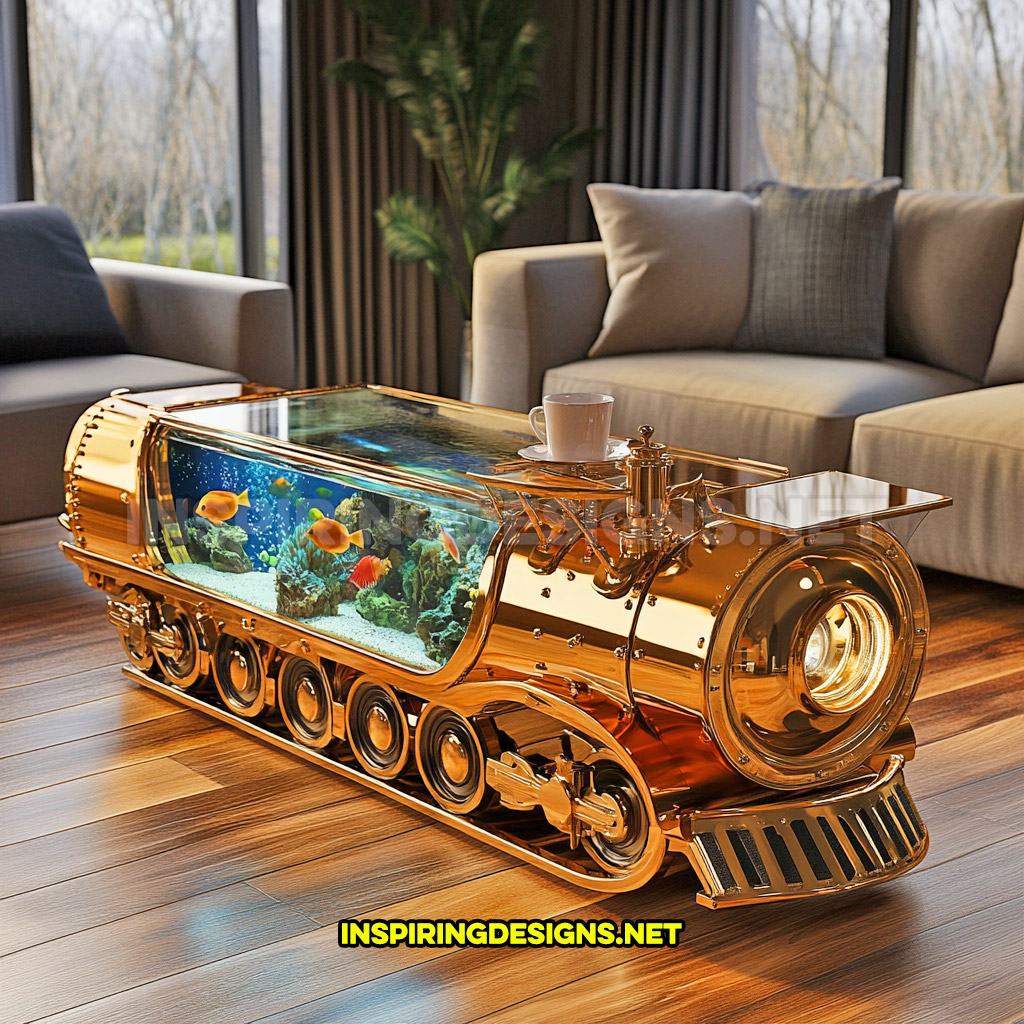 train aquarium coffee table in a metallic golden design