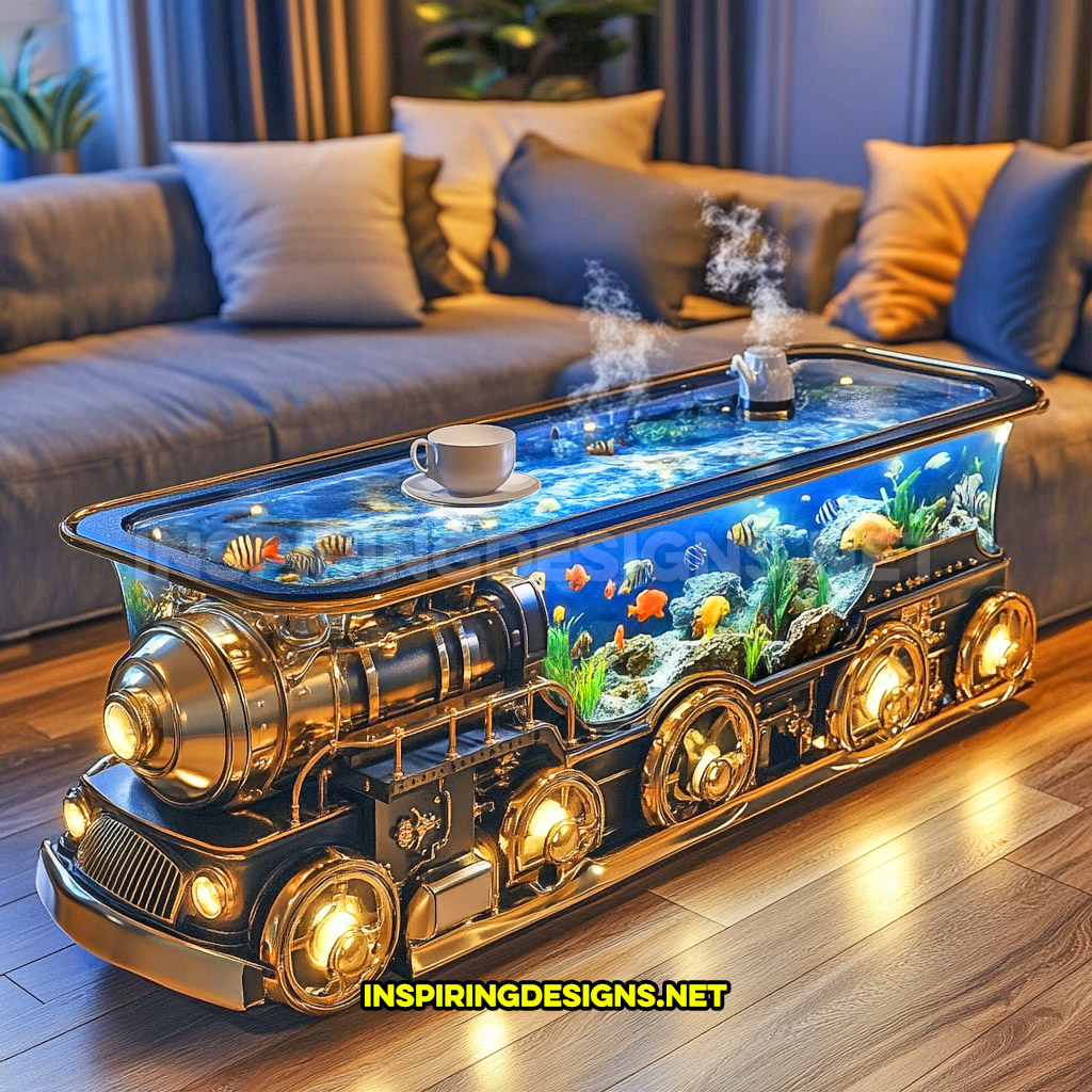 train aquarium coffee table in a metal black and gold color palette