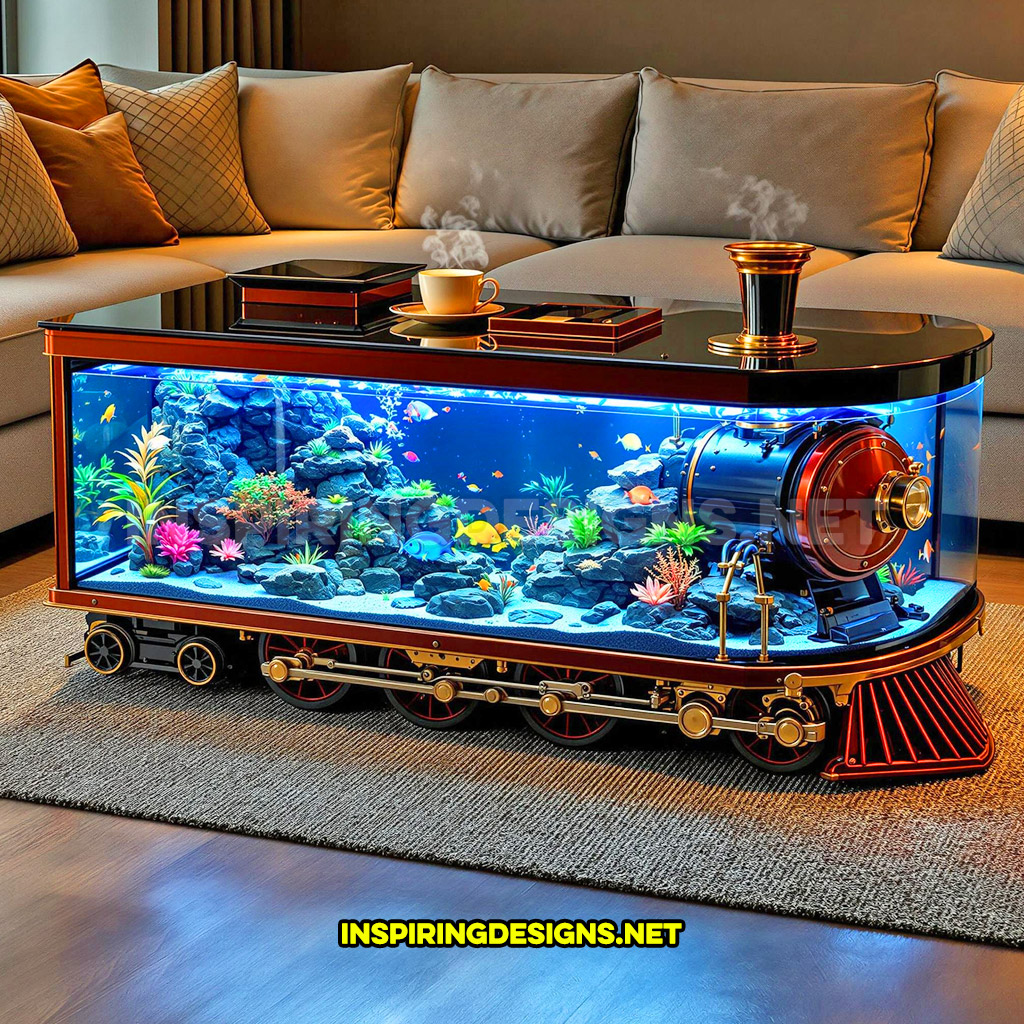 train aquarium coffee table in a dark red and gold color palette