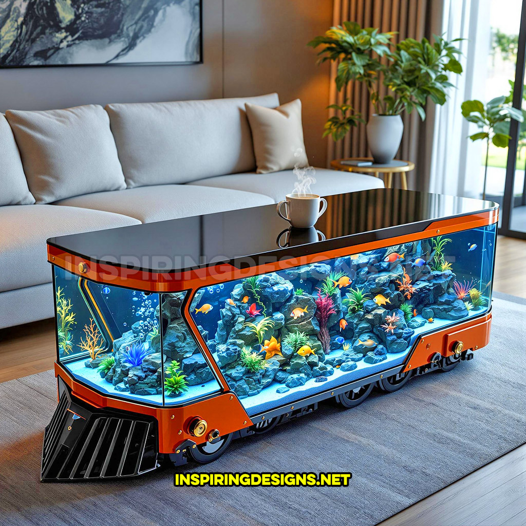 train aquarium coffee table in a orange and black color palette