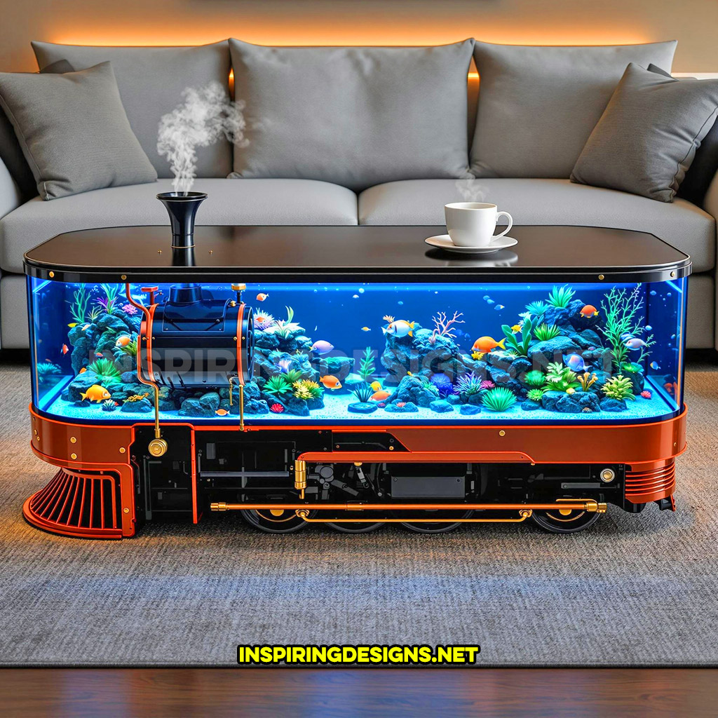 train aquarium coffee table in a red and black color palette