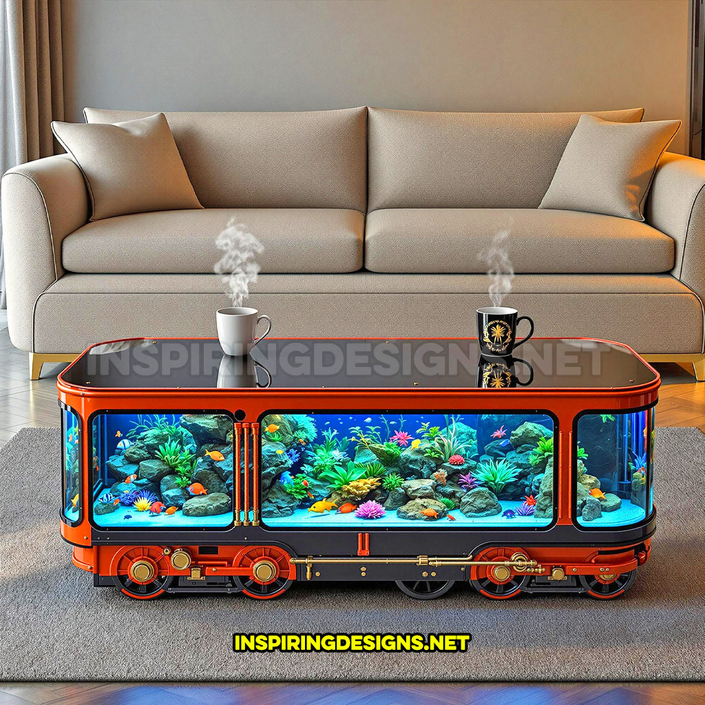 train aquarium coffee table in a red and black color palette