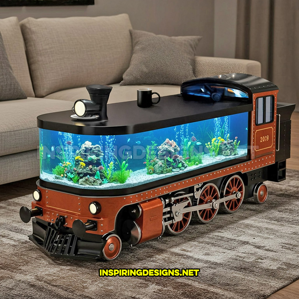 train aquarium coffee table in a orange and black color palette