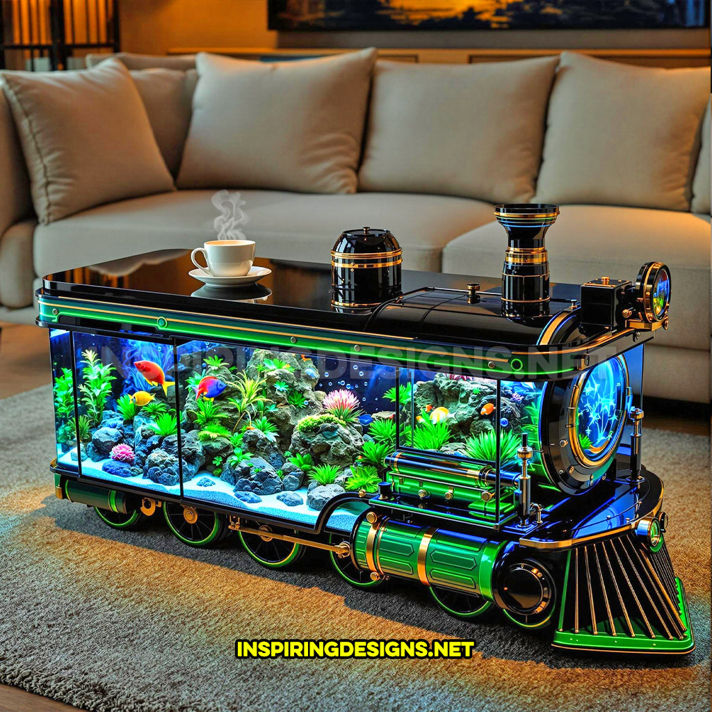 train aquarium coffee table in a green and black color palette